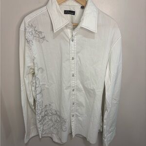 7 Diamonds White Casual Button Down Shirt with Gray Embroidery